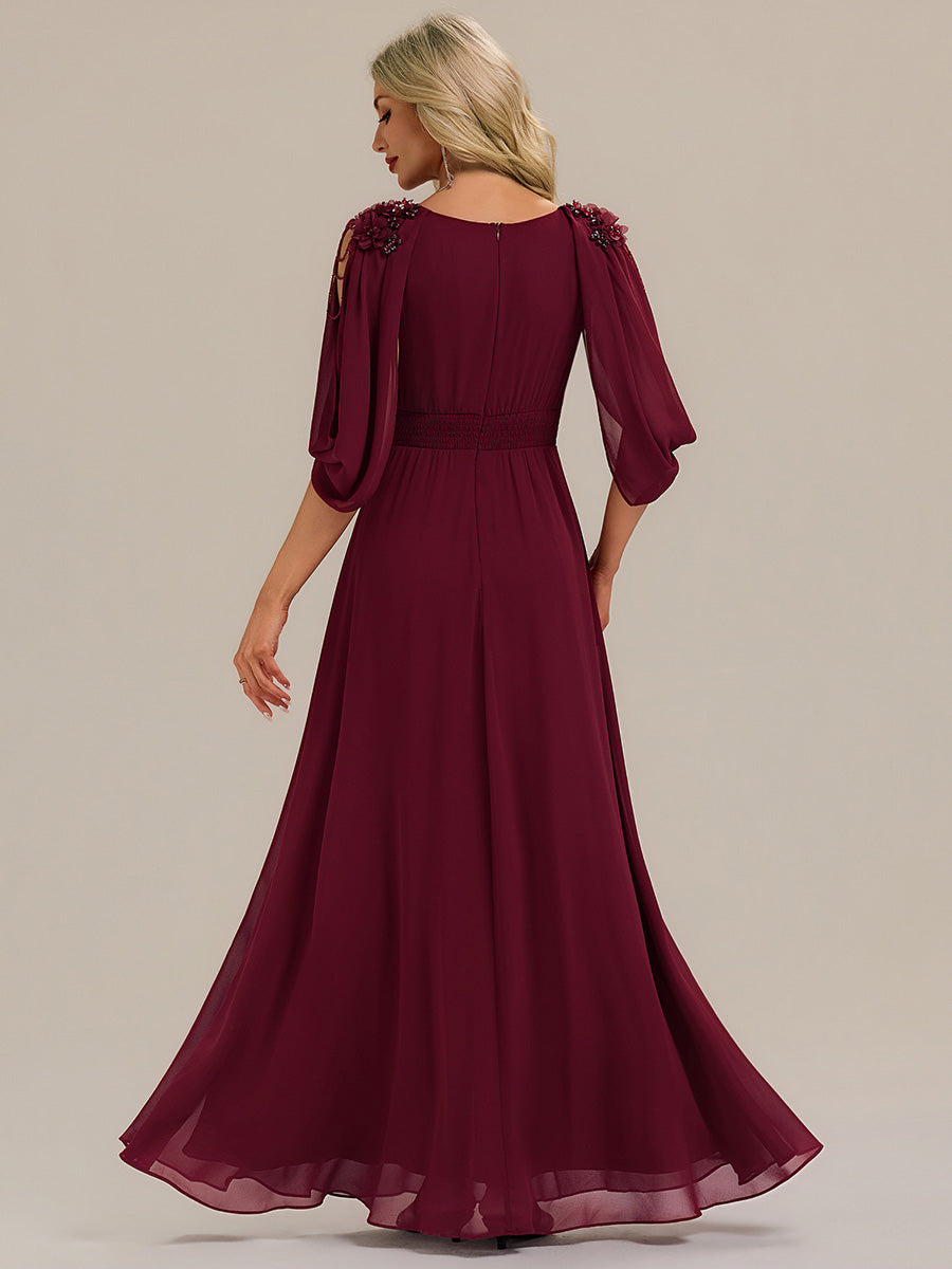 Color=Burgundy | Commercial Wholesale Half Sleeve Deep V-Neck Appliques A-Line Floor Length Evening Dresses-Burgundy 2