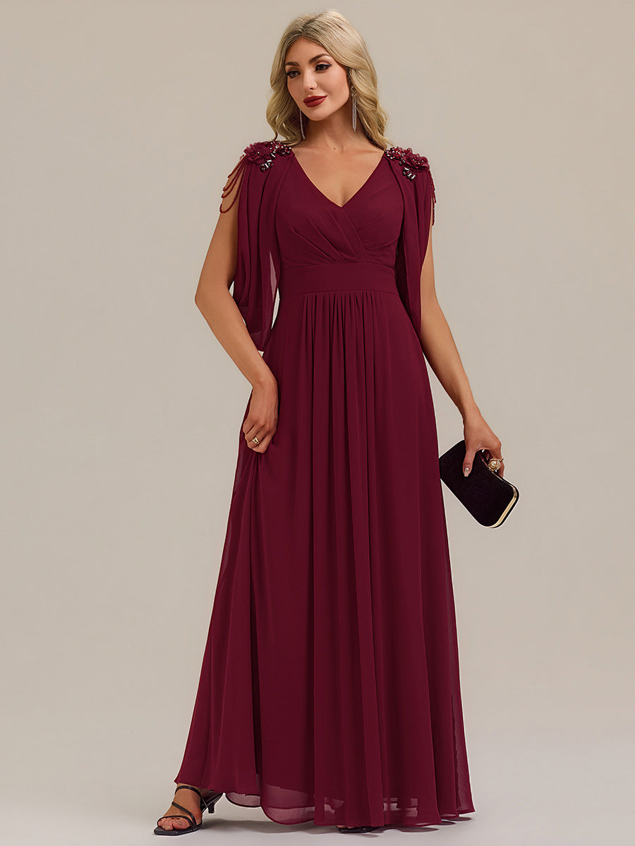 Color=Burgundy | Commercial Wholesale Half Sleeve Deep V-Neck Appliques A-Line Floor Length Evening Dresses-Burgundy 5