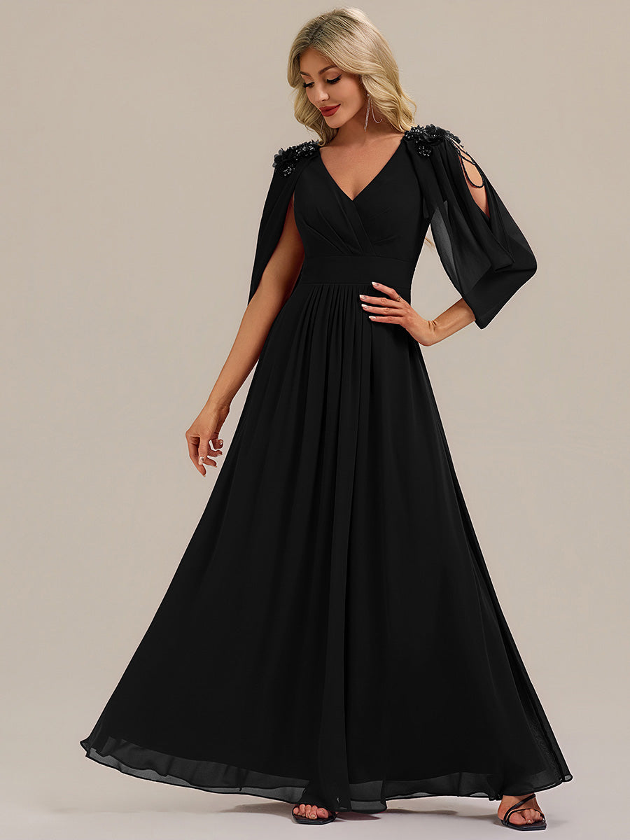 Color=Black | Commercial Wholesale Half Sleeve Deep V-Neck Appliques A-Line Floor Length Evening Dresses-Black 11