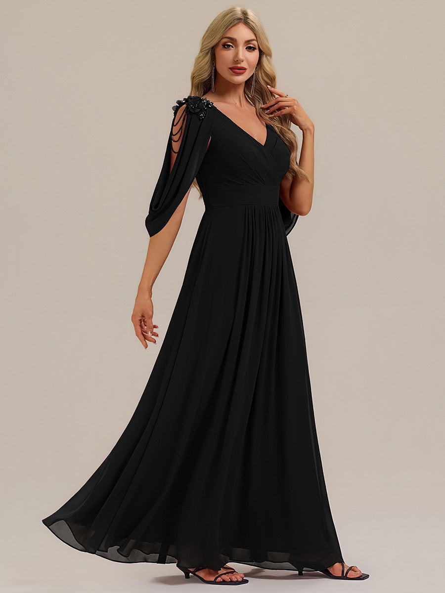 Color=Black | Commercial Wholesale Half Sleeve Deep V-Neck Appliques A-Line Floor Length Evening Dresses-Black 14