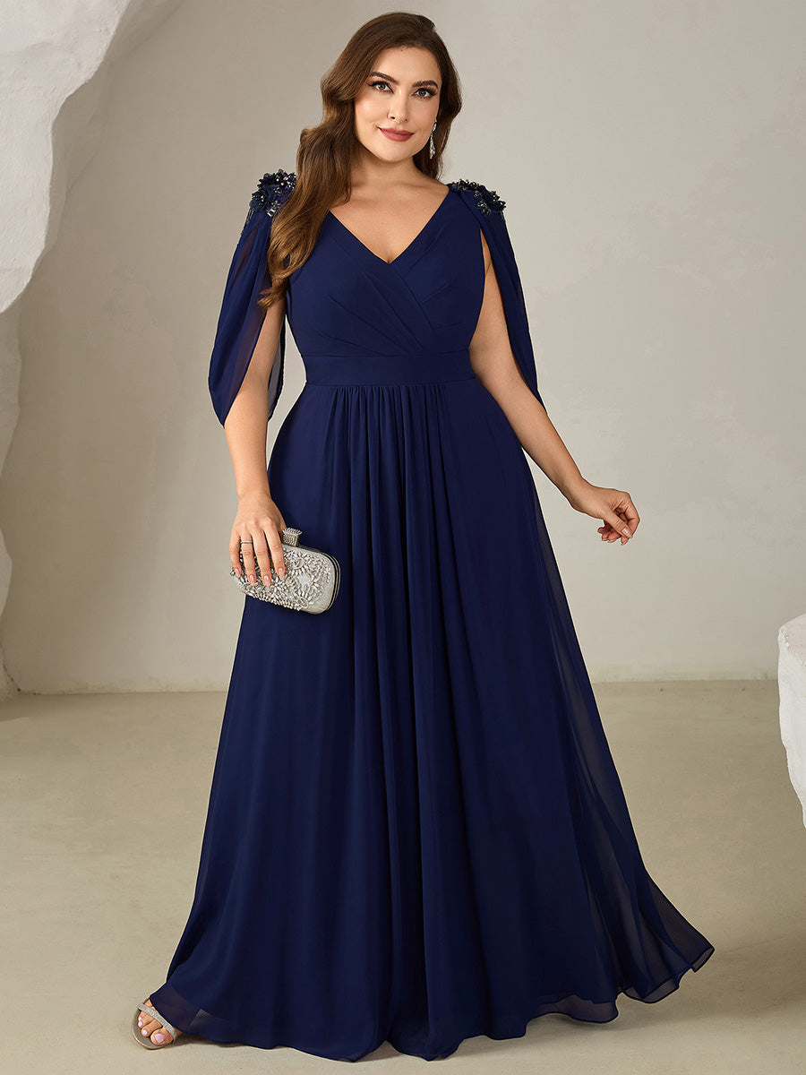 Color=Navy Blue | Factory Design Half Sleeve Deep V-Neck A-Line Floor Length Beaded Evening Dresses-Navy Blue 6