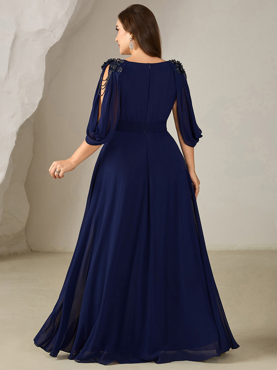 Color=Navy Blue | Factory Design Half Sleeve Deep V-Neck A-Line Floor Length Beaded Evening Dresses-Navy Blue 7
