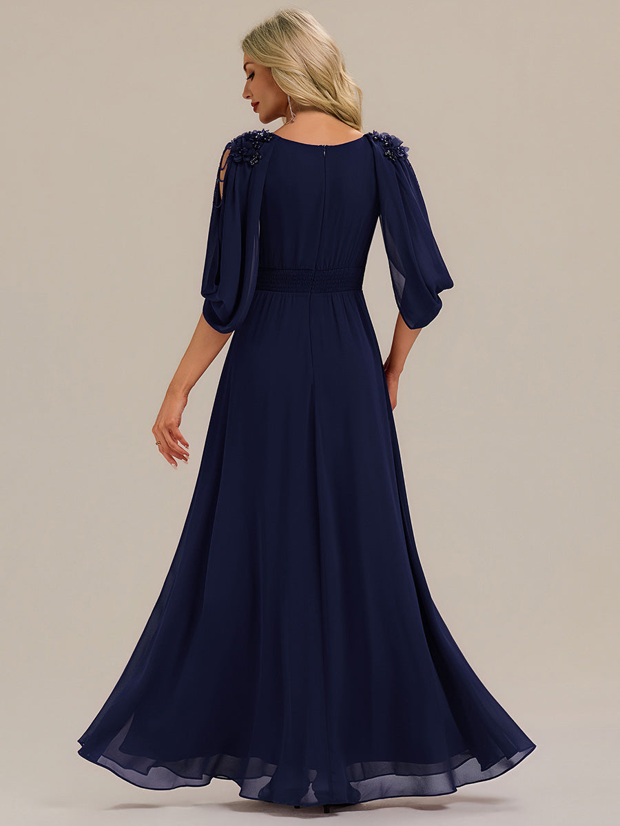 Color=Navy Blue | Factory Design Half Sleeve Deep V-Neck A-Line Floor Length Beaded Evening Dresses-Navy Blue 2