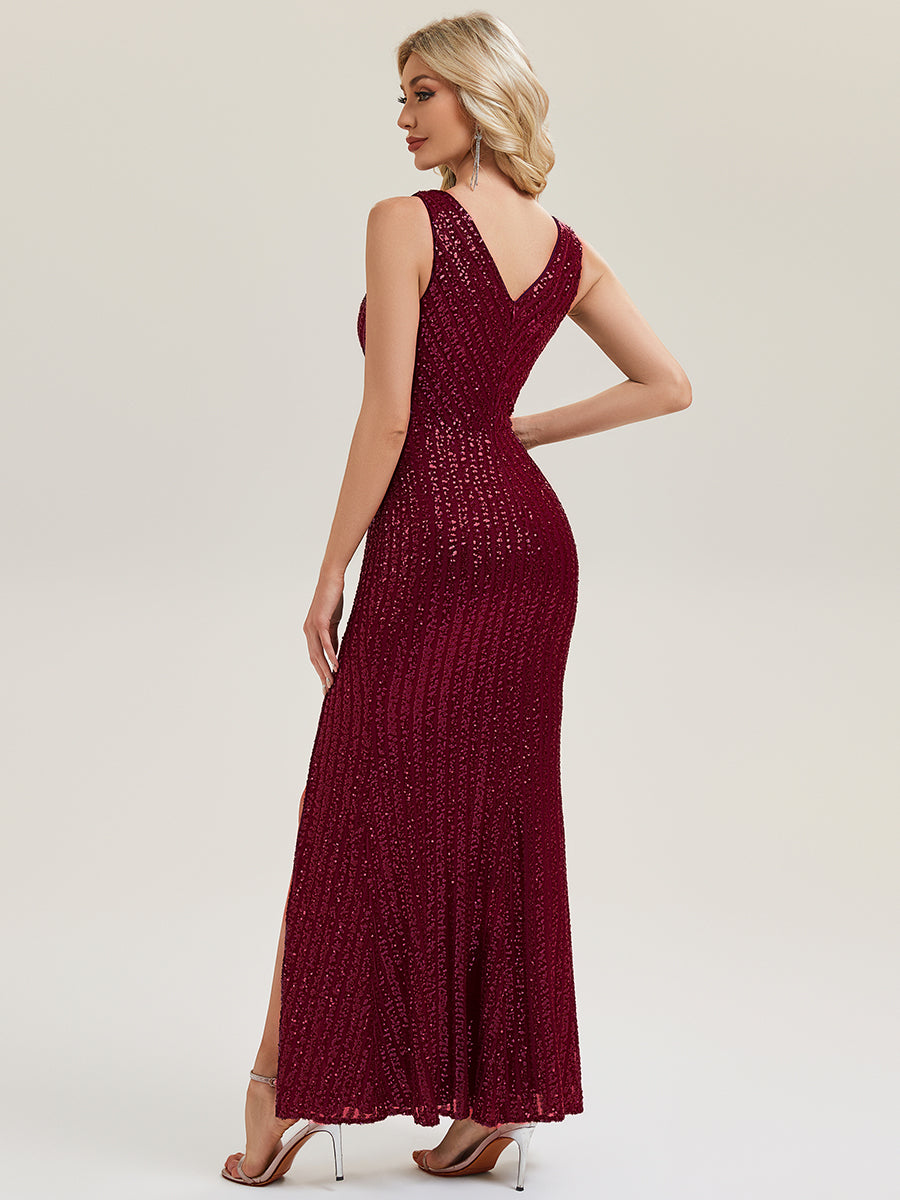Color=Burgundy | Commercial Wholesale Strapless V-Neck Sequin Fishtail Floor Length Evening Dresses-Burgundy 2