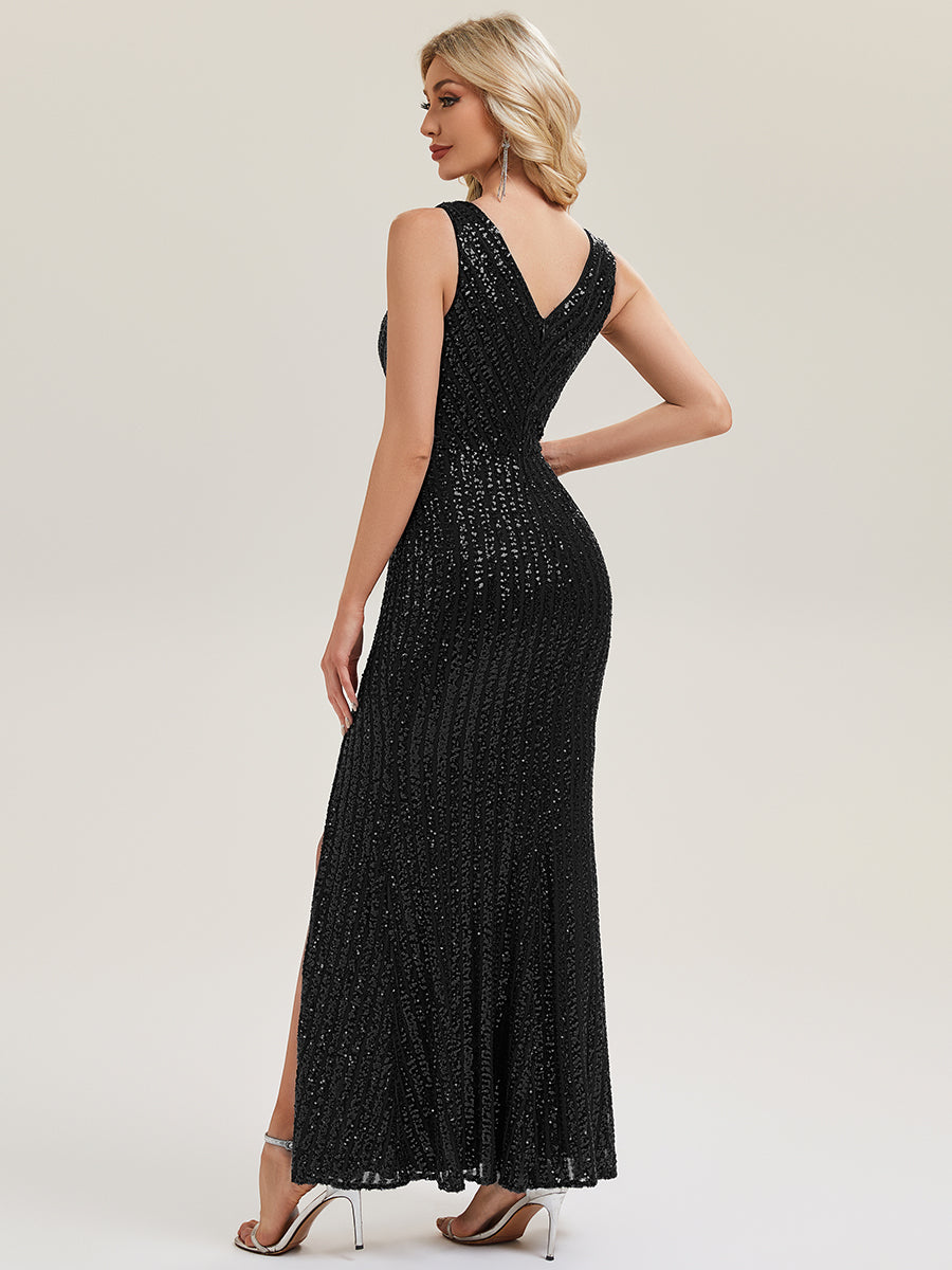 Color=Black | Commercial Wholesale Strapless V-Neck Sequin Fishtail Floor Length Evening Dresses-Black 7