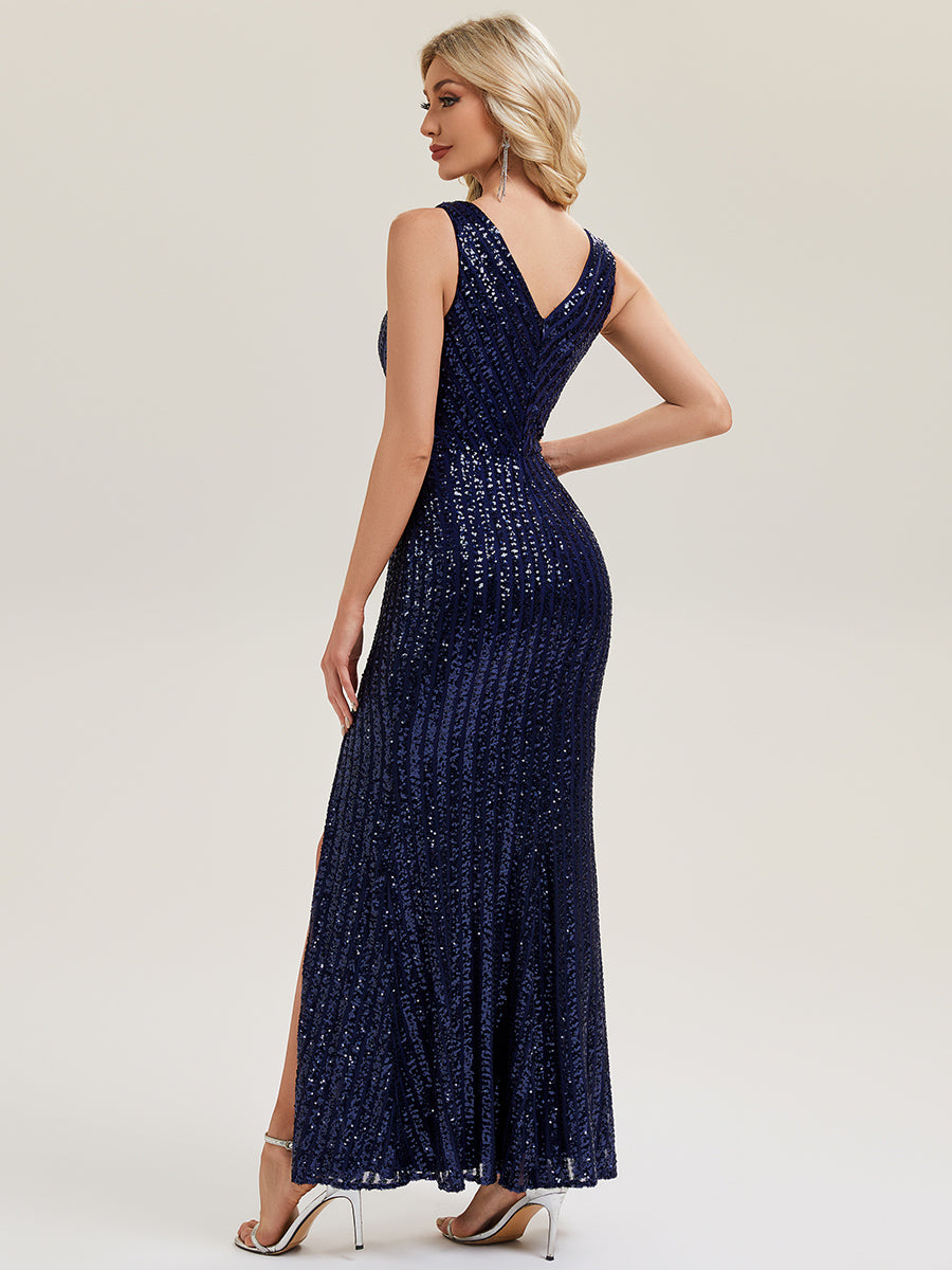 Color=Navy Blue | Commercial Wholesale Strapless V-Neck Sequin Fishtail Floor Length Evening Dresses-Navy Blue 12