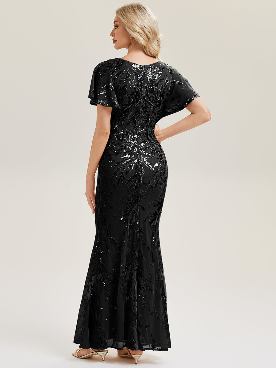 Color=Black | Volume Discounts Short Sleeve Sequin Fishtail High Stretch Round Neck Evening Dresses-Black 2
