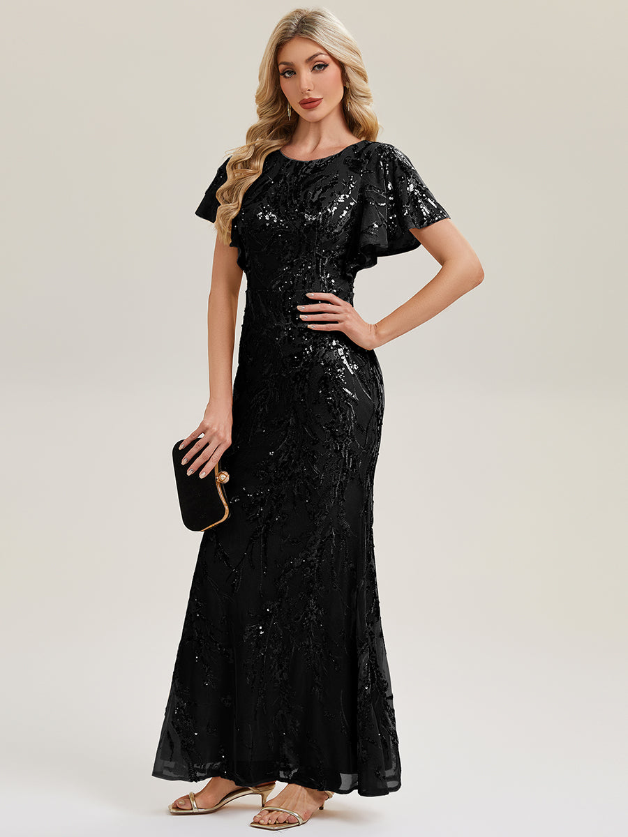 Color=Black | Volume Discounts Short Sleeve Sequin Fishtail High Stretch Round Neck Evening Dresses-Black 4