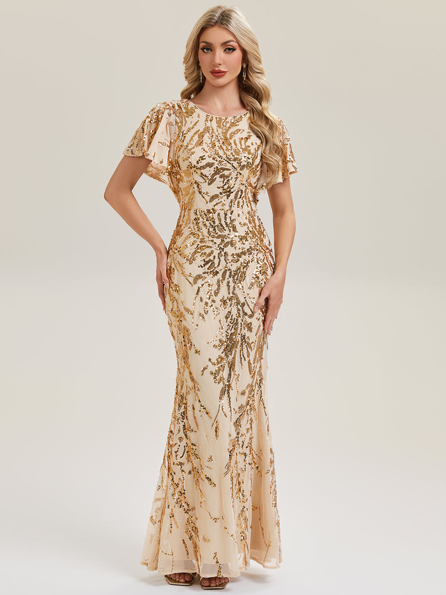 Color=Gold | Industrial Use Short Sleeve Sequin Fishtail High Stretch Round Neck Evening Dresses-Gold 1