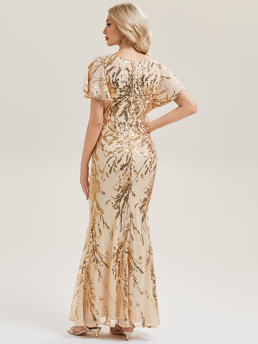 Color=Gold | Industrial Use Short Sleeve Sequin Fishtail High Stretch Round Neck Evening Dresses-Gold 2