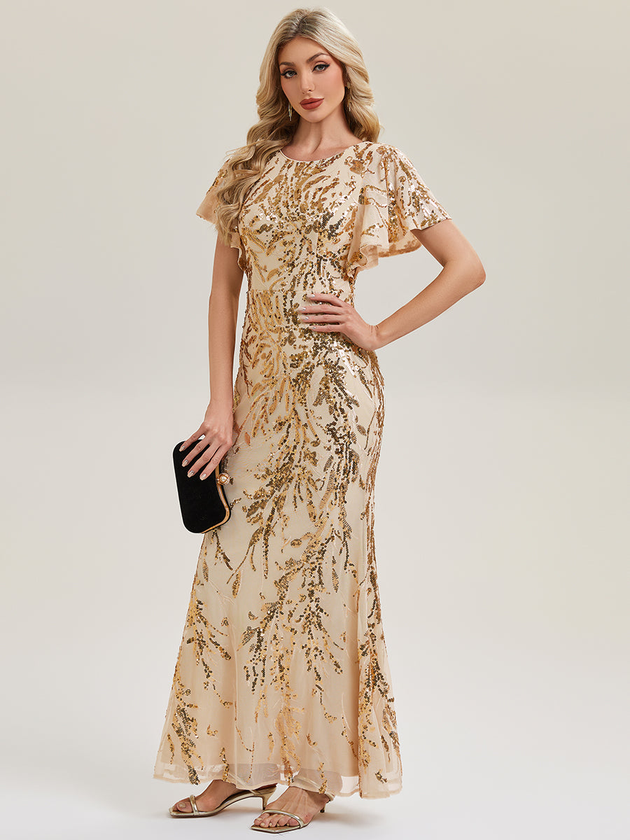 Color=Gold | Industrial Use Short Sleeve Sequin Fishtail High Stretch Round Neck Evening Dresses-Gold 4