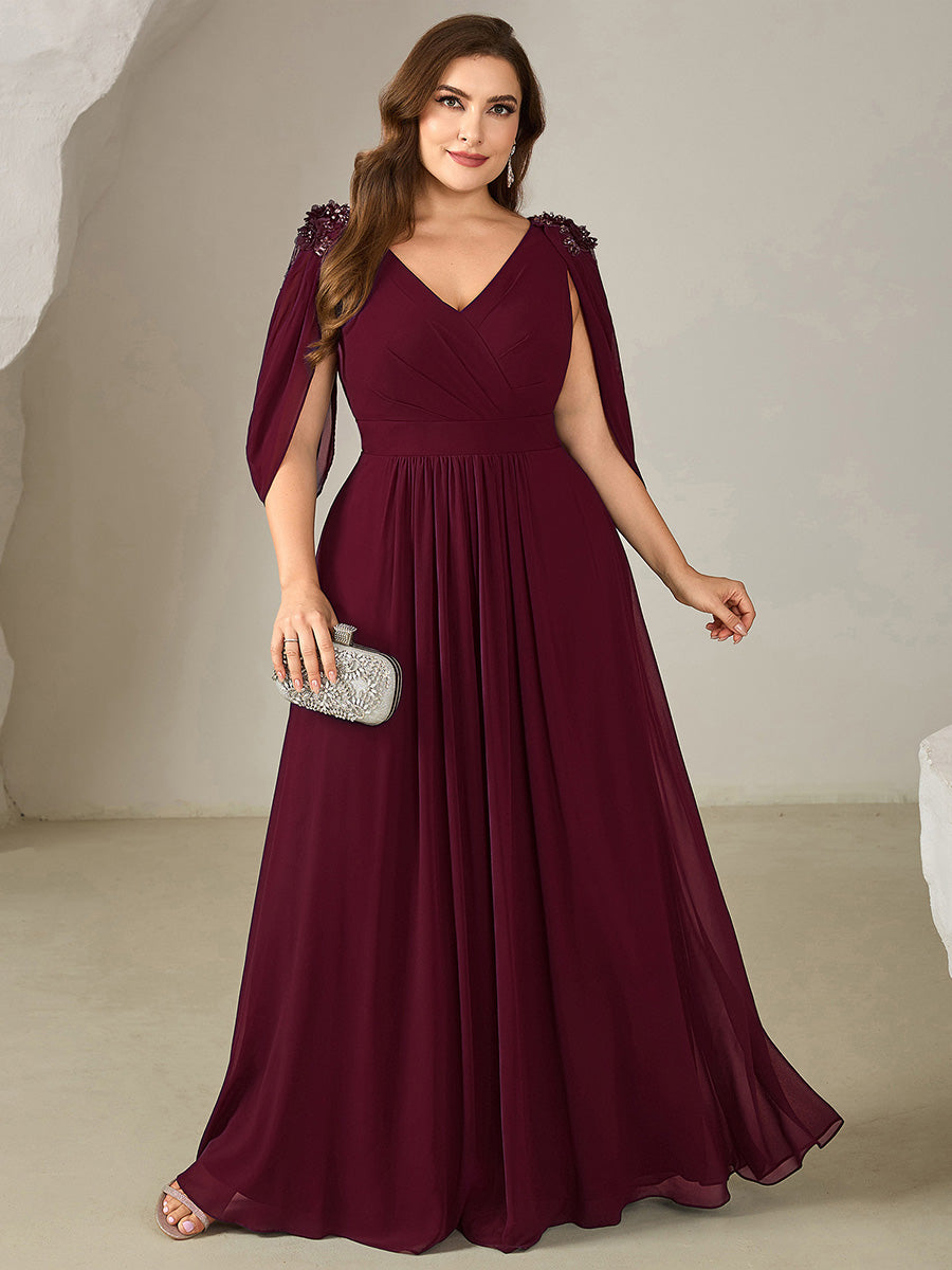 Color=Burgundy | Wholesale Pricing Half Sleeve Deep V-Neck Appliques A-Line Floor Length Evening Dresses-Burgundy 6