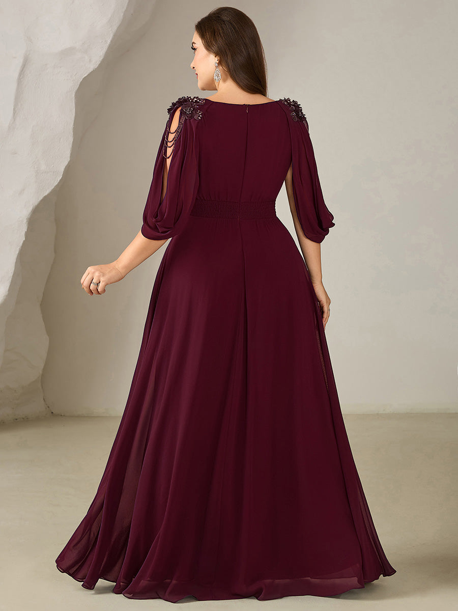 Color=Burgundy | Wholesale Pricing Half Sleeve Deep V-Neck Appliques A-Line Floor Length Evening Dresses-Burgundy 7