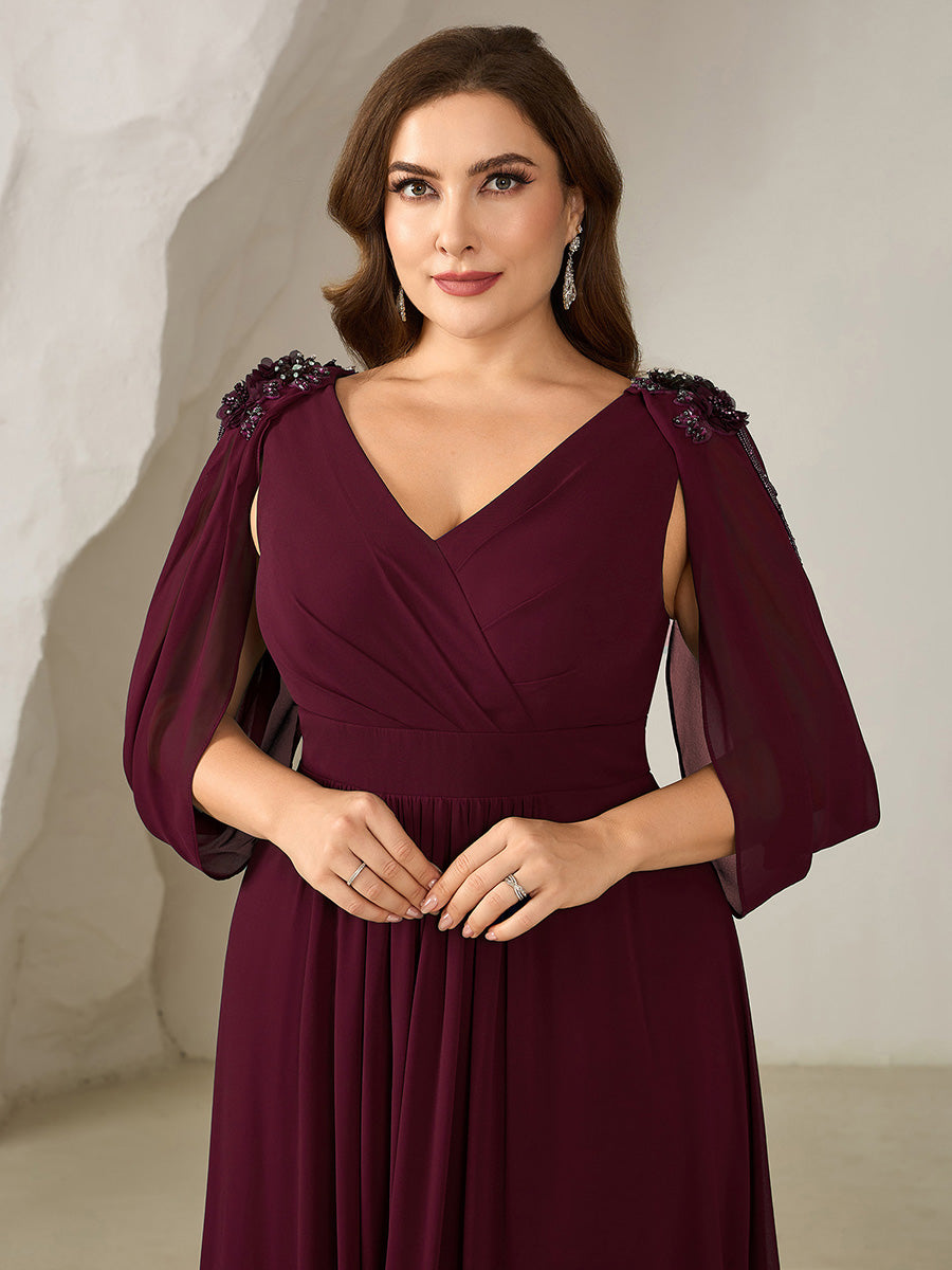 Color=Burgundy | Wholesale Pricing Half Sleeve Deep V-Neck Appliques A-Line Floor Length Evening Dresses-Burgundy 8