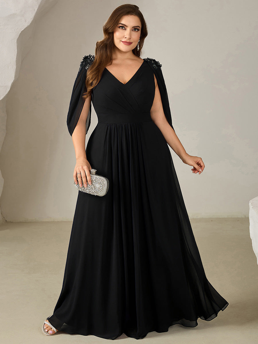 Color=Black | Wholesale Pricing Half Sleeve Deep V-Neck Appliques A-Line Floor Length Evening Dresses-Black 16