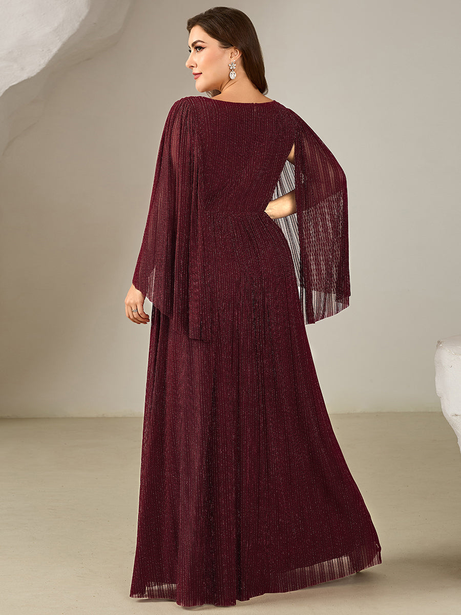 Color=Burgundy | B2B-Exclusive Long Sleeve Batwing Deep V-Neck A-Line Floor Length Evening Dresses-Burgundy 7