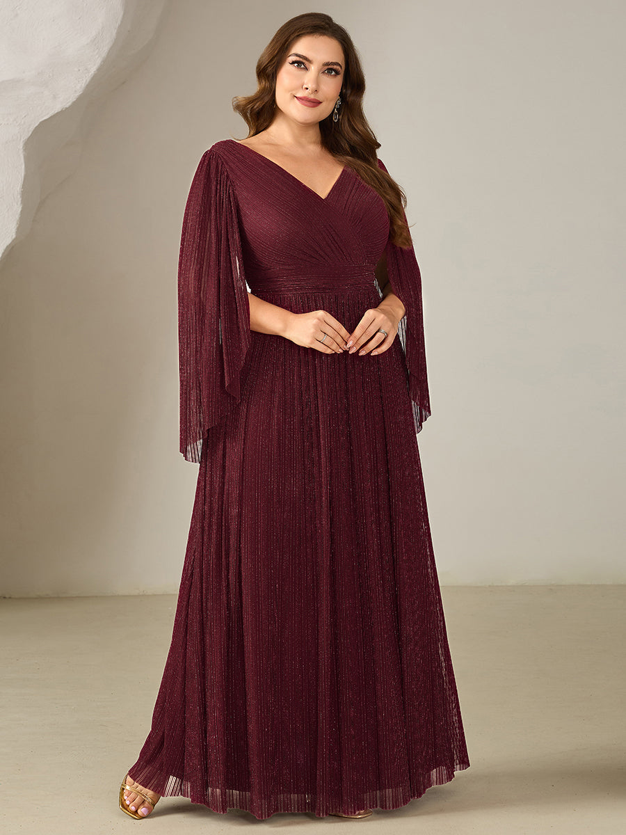 Color=Burgundy | B2B-Exclusive Long Sleeve Batwing Deep V-Neck A-Line Floor Length Evening Dresses-Burgundy 9
