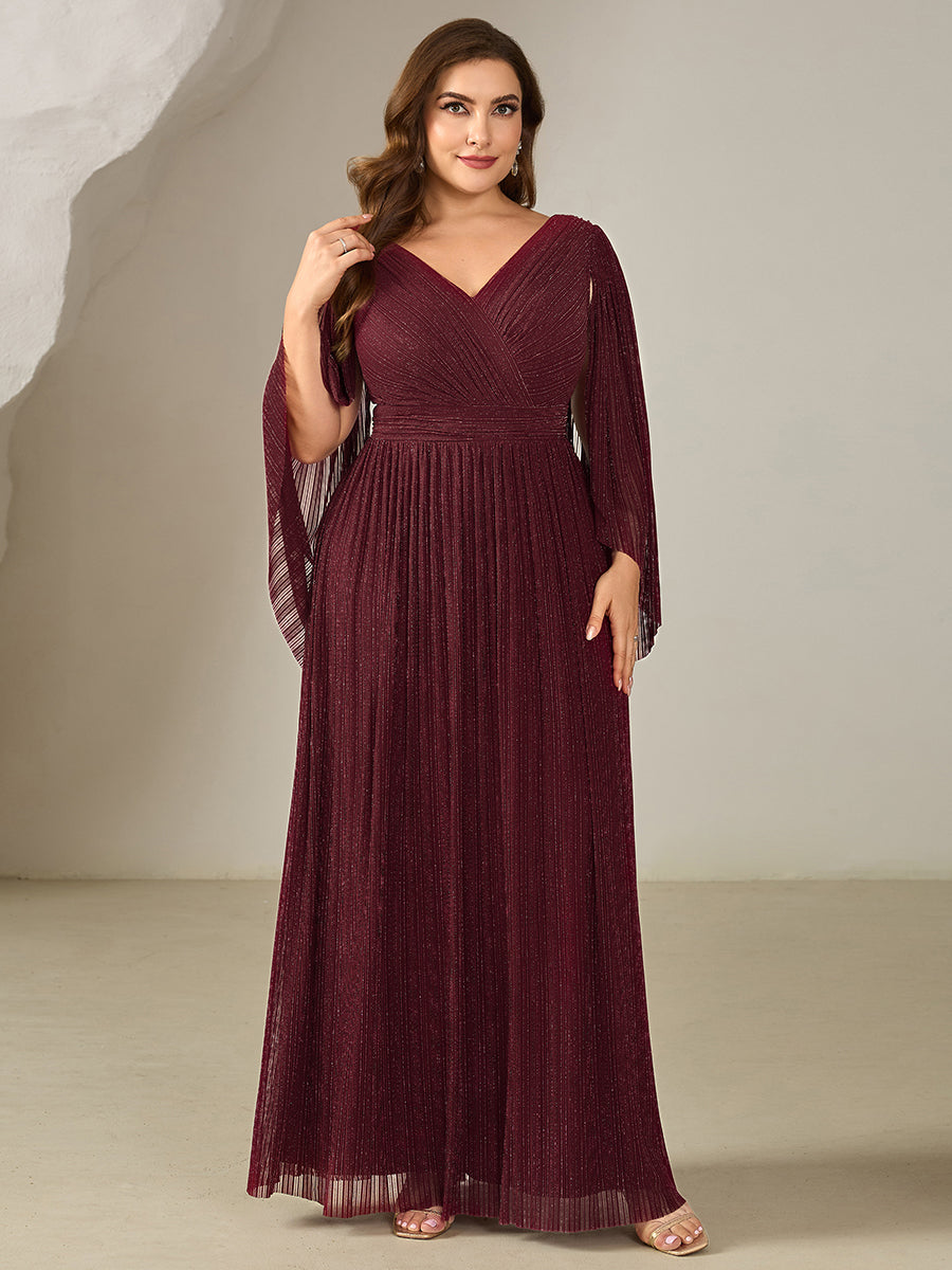 Color=Burgundy | B2B-Exclusive Long Sleeve Batwing Deep V-Neck A-Line Floor Length Evening Dresses-Burgundy 10