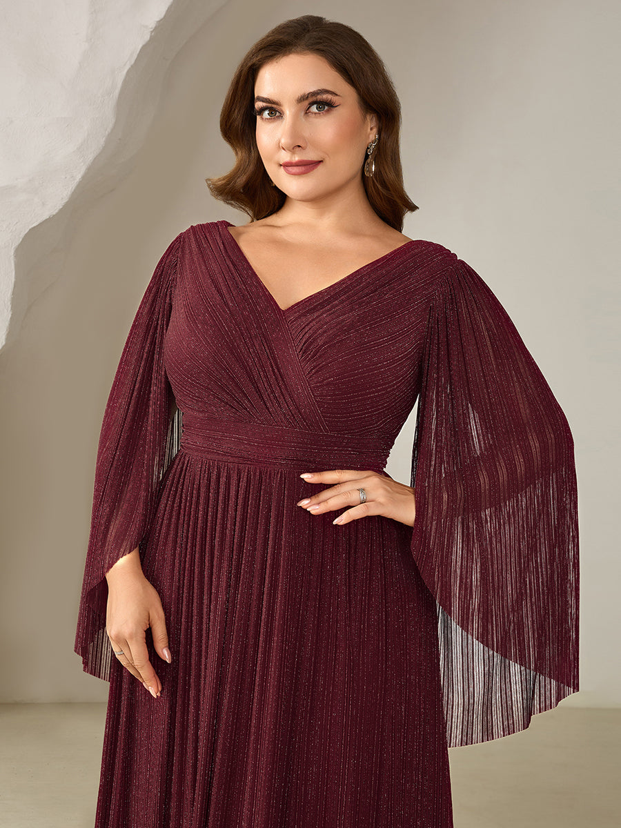 Color=Burgundy | B2B-Exclusive Long Sleeve Batwing Deep V-Neck A-Line Floor Length Evening Dresses-Burgundy 8