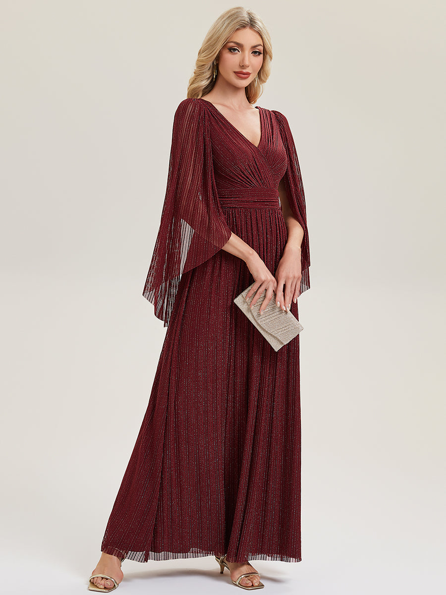 Color=Burgundy | B2B-Exclusive Long Sleeve Batwing Deep V-Neck A-Line Floor Length Evening Dresses-Burgundy 4