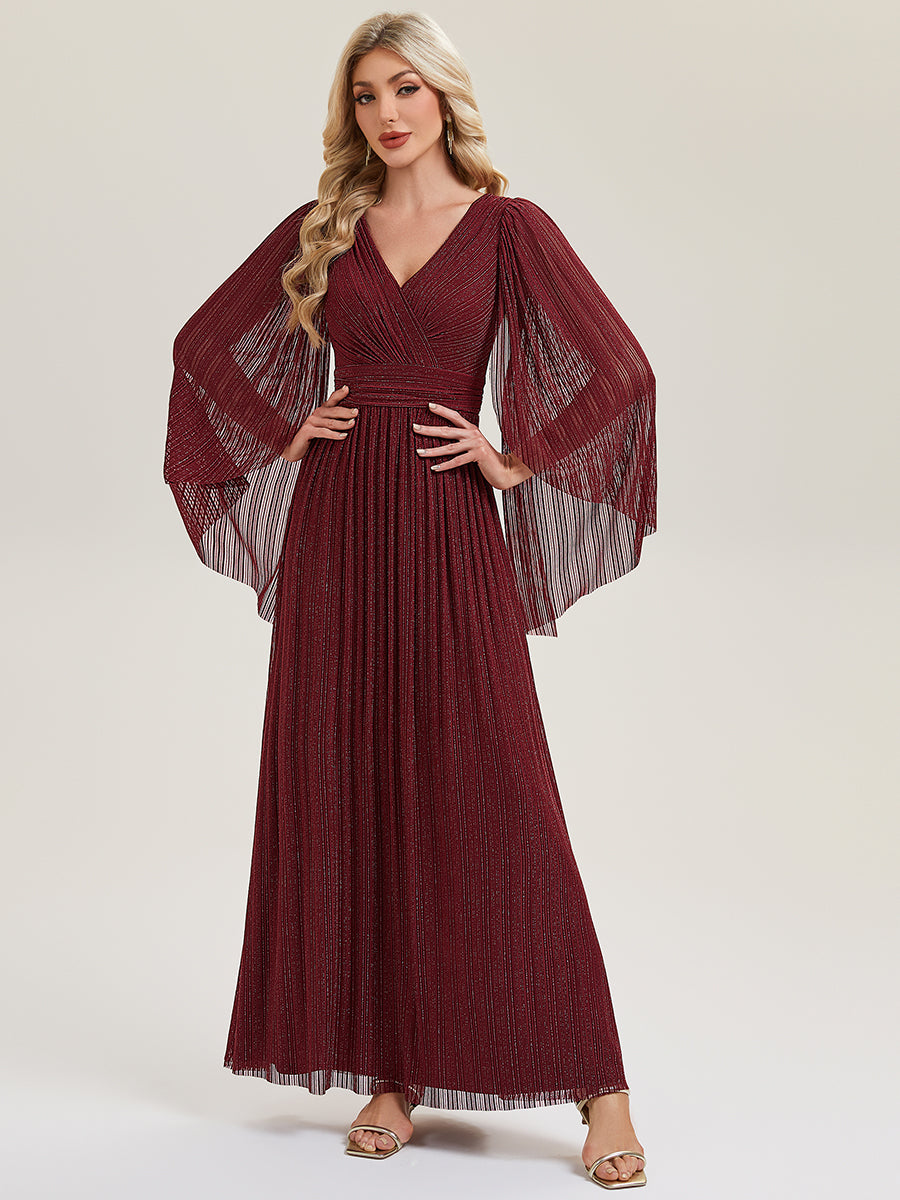 Color=Burgundy | B2B-Exclusive Long Sleeve Batwing Deep V-Neck A-Line Floor Length Evening Dresses-Burgundy 5