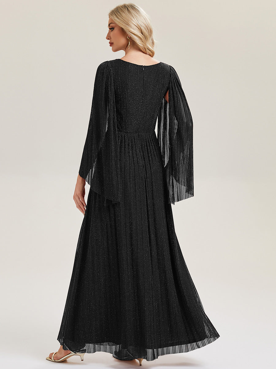 Color=Black | B2B-Exclusive Long Sleeve Batwing Deep V-Neck A-Line Floor Length Evening Dresses-Black 12