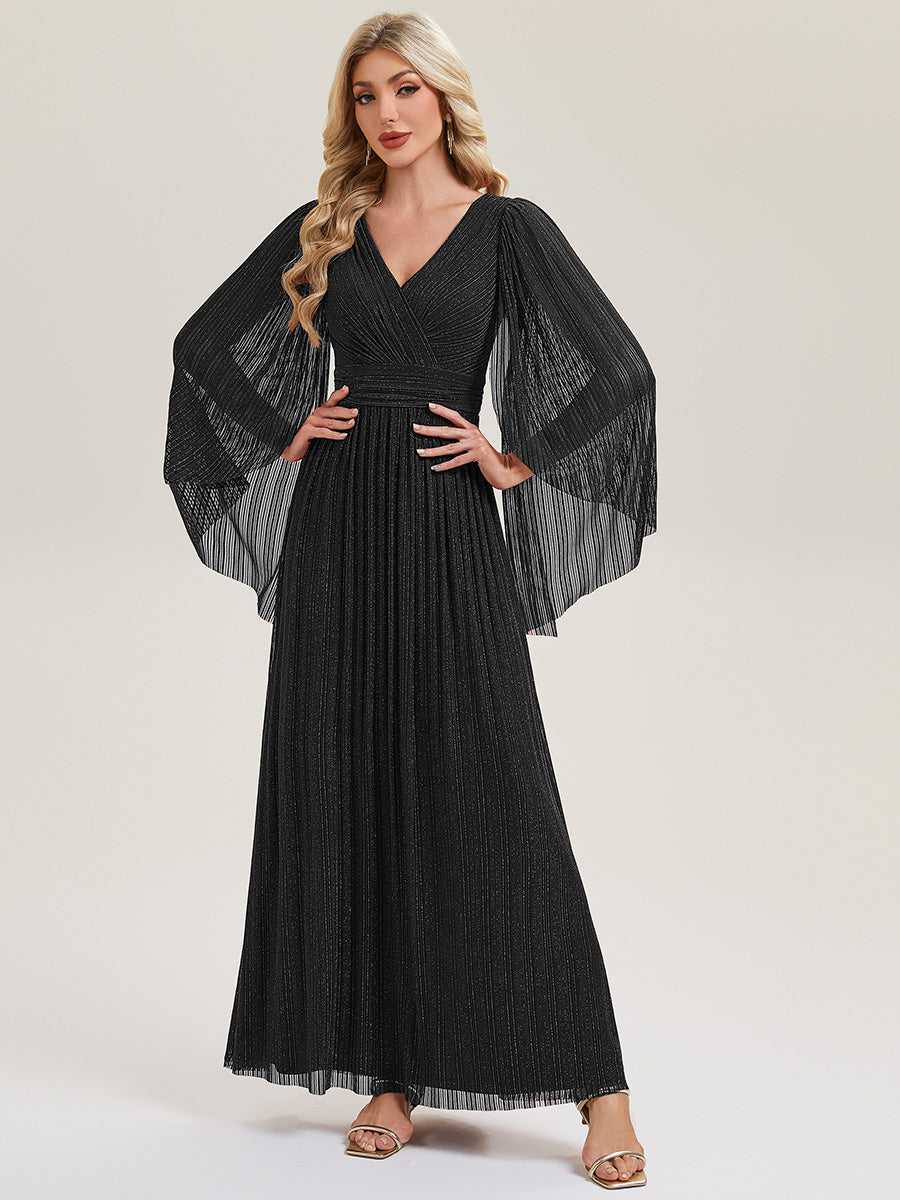 Color=Black | B2B-Exclusive Long Sleeve Batwing Deep V-Neck A-Line Floor Length Evening Dresses-Black 15