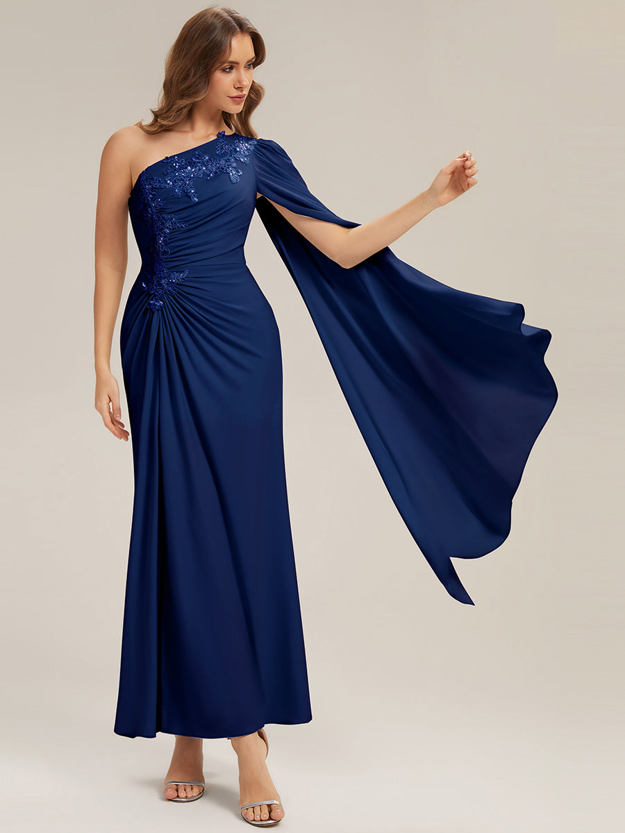 Color=Navy Blue | Volume Discounts Long Sleeve Cape Sheath High Stretch One-Shoulder Evening Dresses-Navy Blue 9