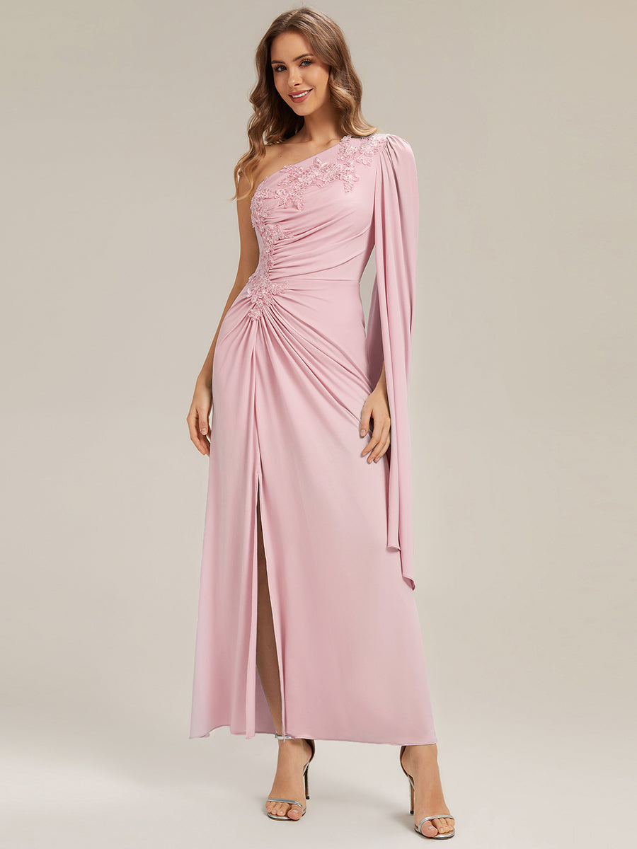 Color=Pink | Volume Discounts Long Sleeve Cape Sheath High Stretch One-Shoulder Evening Dresses-Pink 11