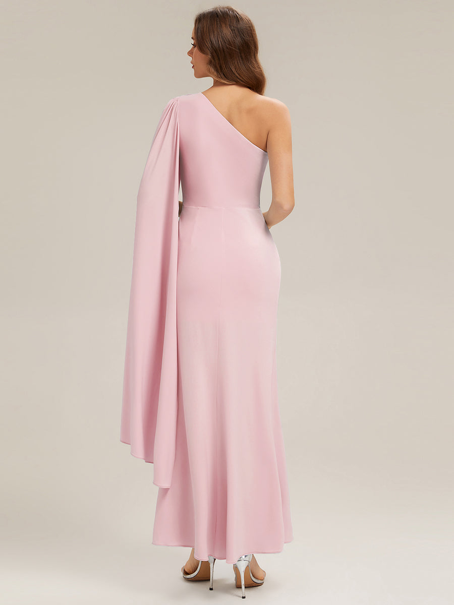 Color=Pink | Volume Discounts Long Sleeve Cape Sheath High Stretch One-Shoulder Evening Dresses-Pink 12