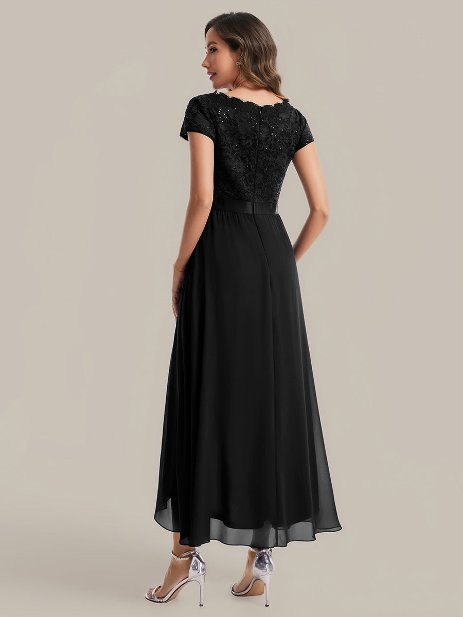 Color=Black | Wholesale Pricing Short Sleeve Deep V-Neck Ruffled Asymmetrical High-Low Evening Dresses-Black 2