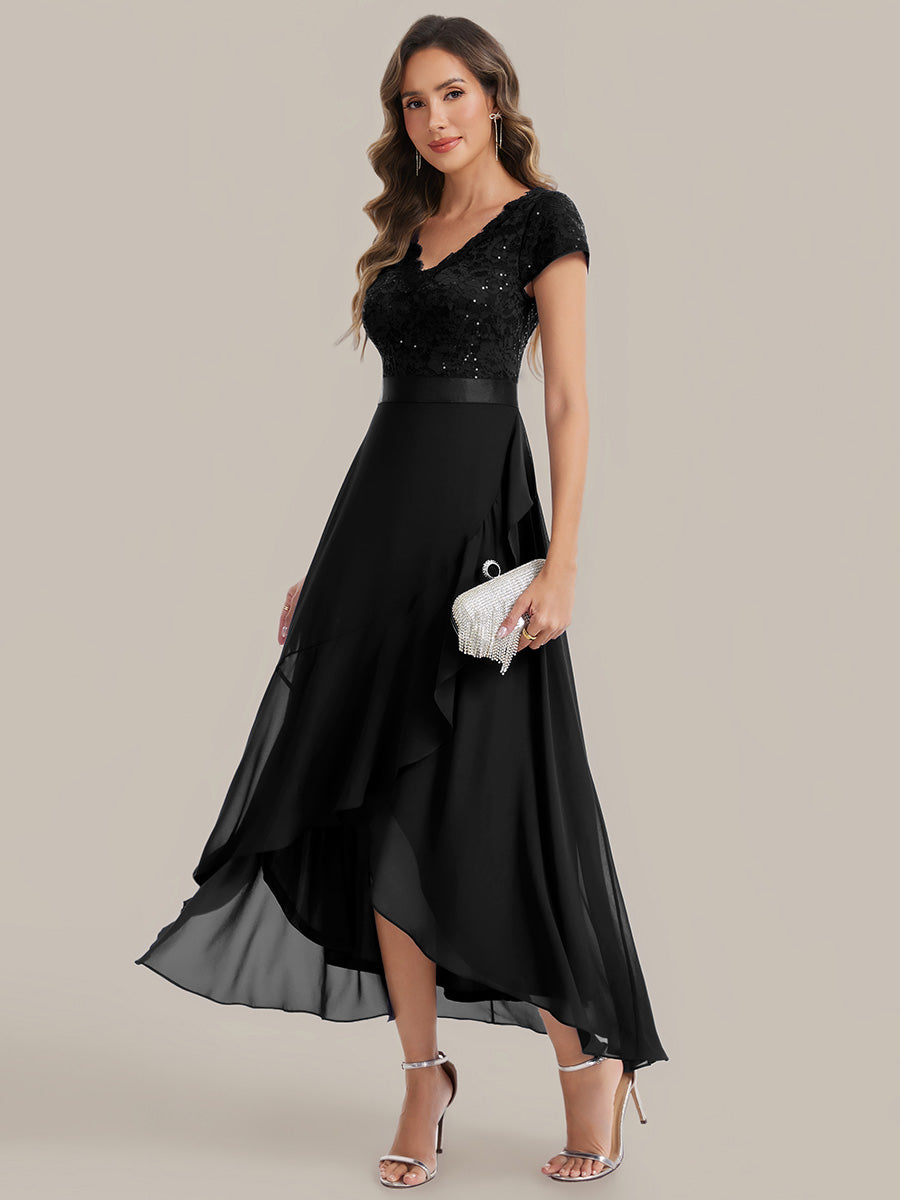 Color=Black | Wholesale Pricing Short Sleeve Deep V-Neck Ruffled Asymmetrical High-Low Evening Dresses-Black 5