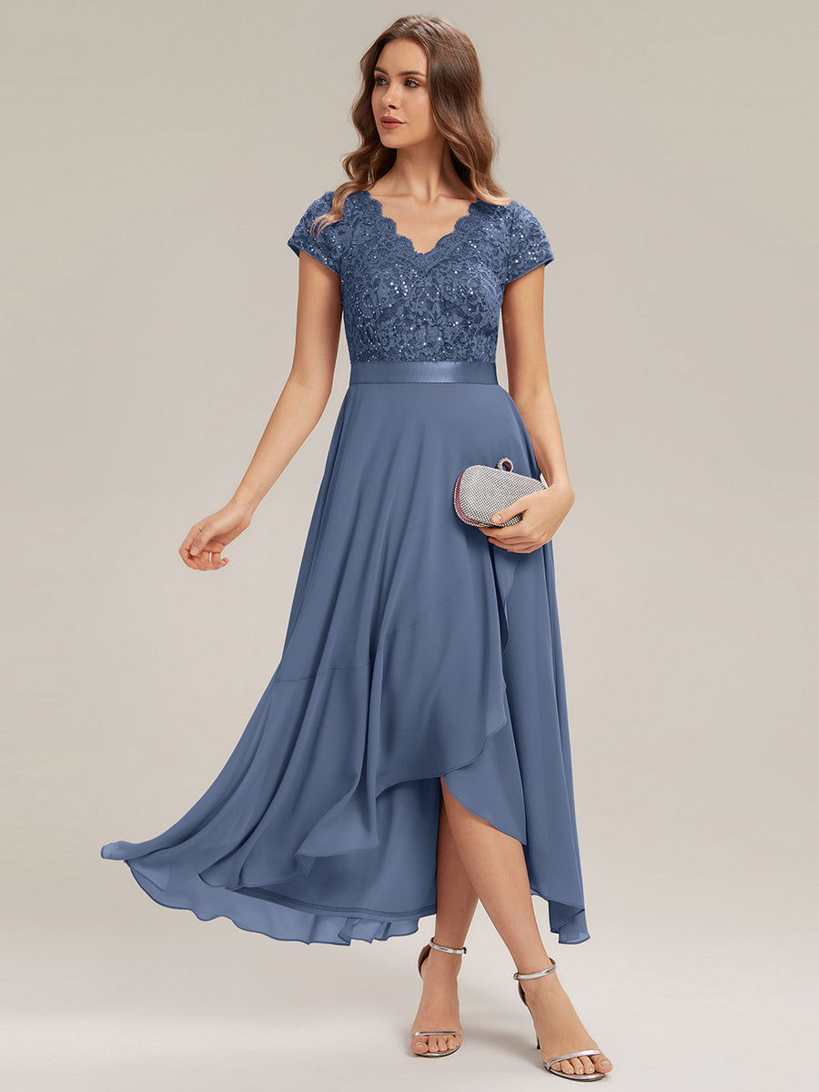 Color=Dusty blue | Wholesale Pricing Short Sleeve Deep V-Neck Ruffled Asymmetrical High-Low Evening Dresses-Dusty blue 1
