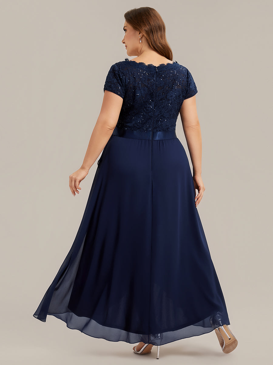 Color=Navy Blue | Wholesale Pricing Short Sleeve Deep V-Neck Ruffled Asymmetrical High-Low Evening Dresses-Navy Blue 17