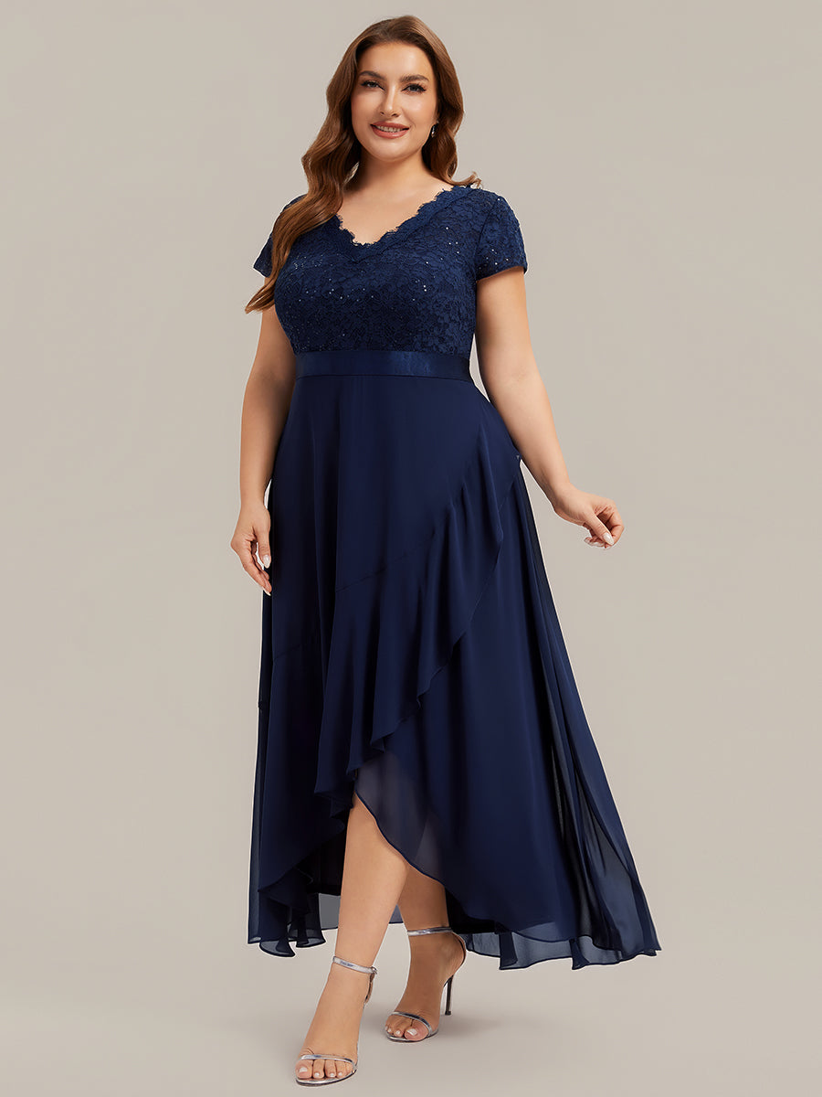 Color=Navy Blue | Wholesale Pricing Short Sleeve Deep V-Neck Ruffled Asymmetrical High-Low Evening Dresses-Navy Blue 19