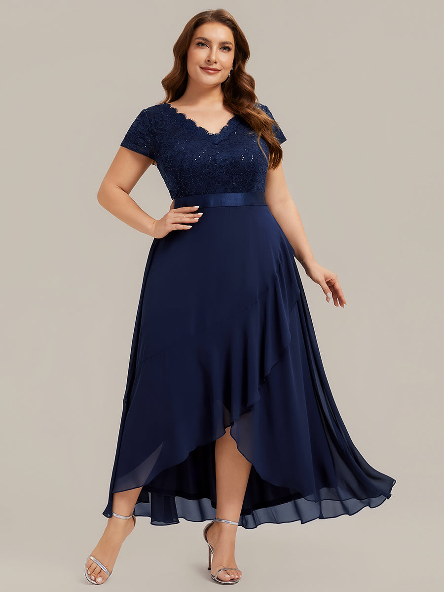 Color=Navy Blue | Wholesale Pricing Short Sleeve Deep V-Neck Ruffled Asymmetrical High-Low Evening Dresses-Navy Blue 20