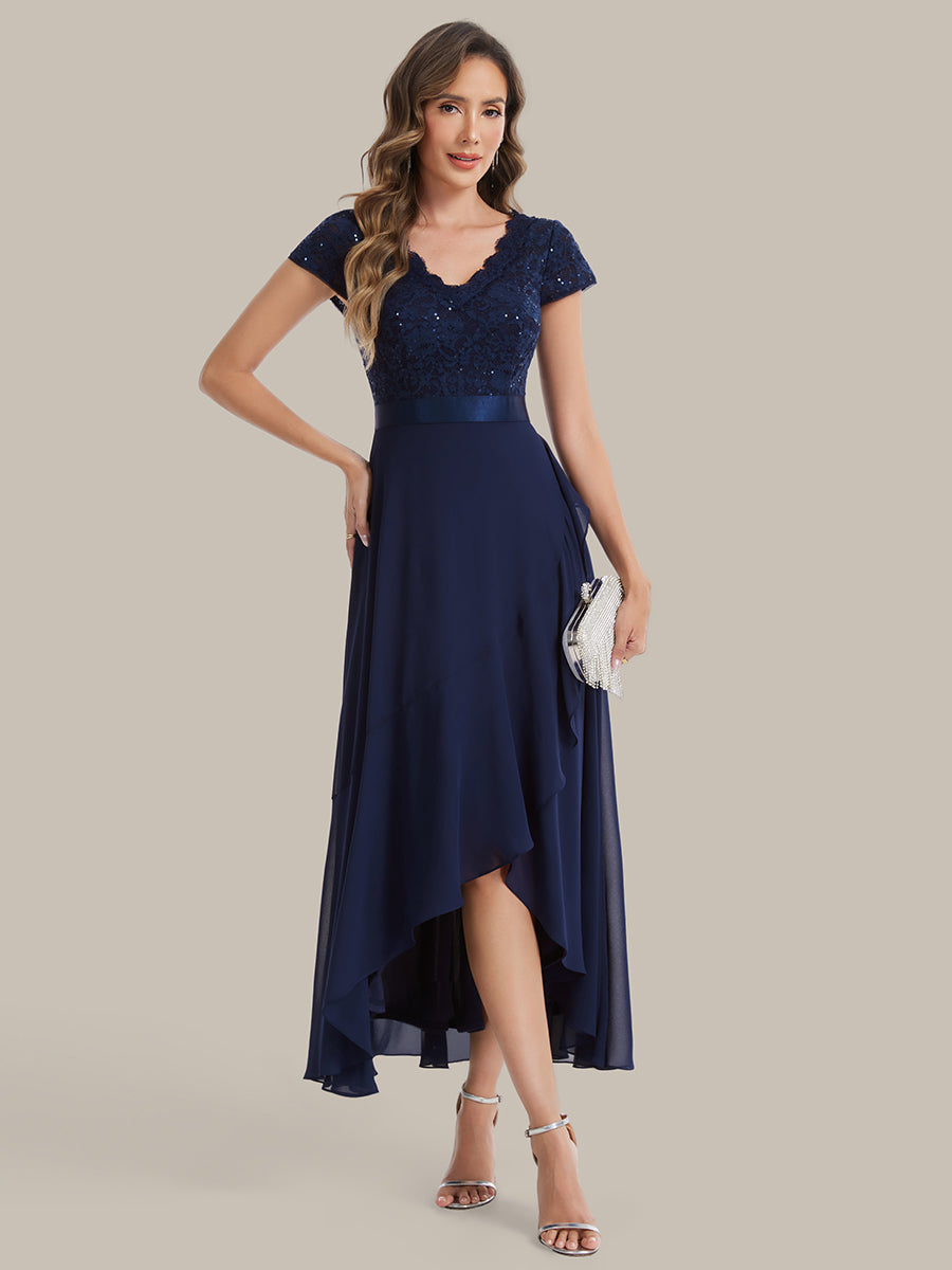 Color=Navy Blue | Wholesale Pricing Short Sleeve Deep V-Neck Ruffled Asymmetrical High-Low Evening Dresses-Navy Blue 11