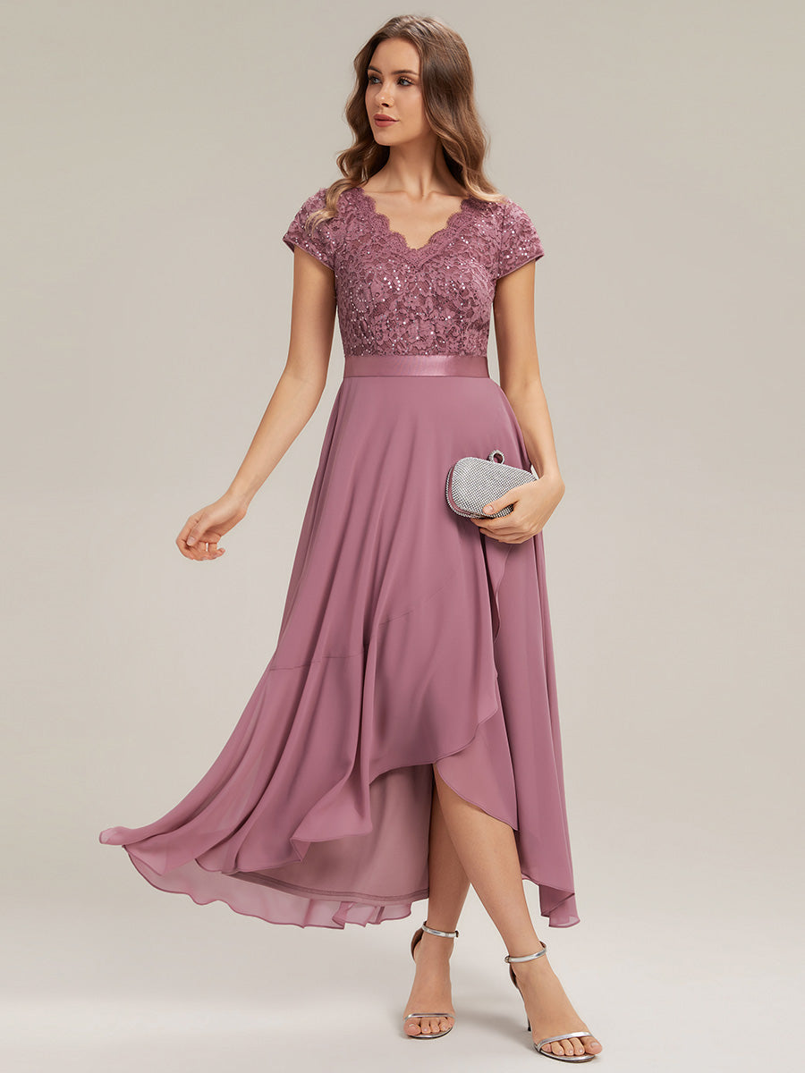 Color=Orchid | Wholesale Pricing Short Sleeve Deep V-Neck Ruffled Asymmetrical High-Low Evening Dresses-Orchid 1