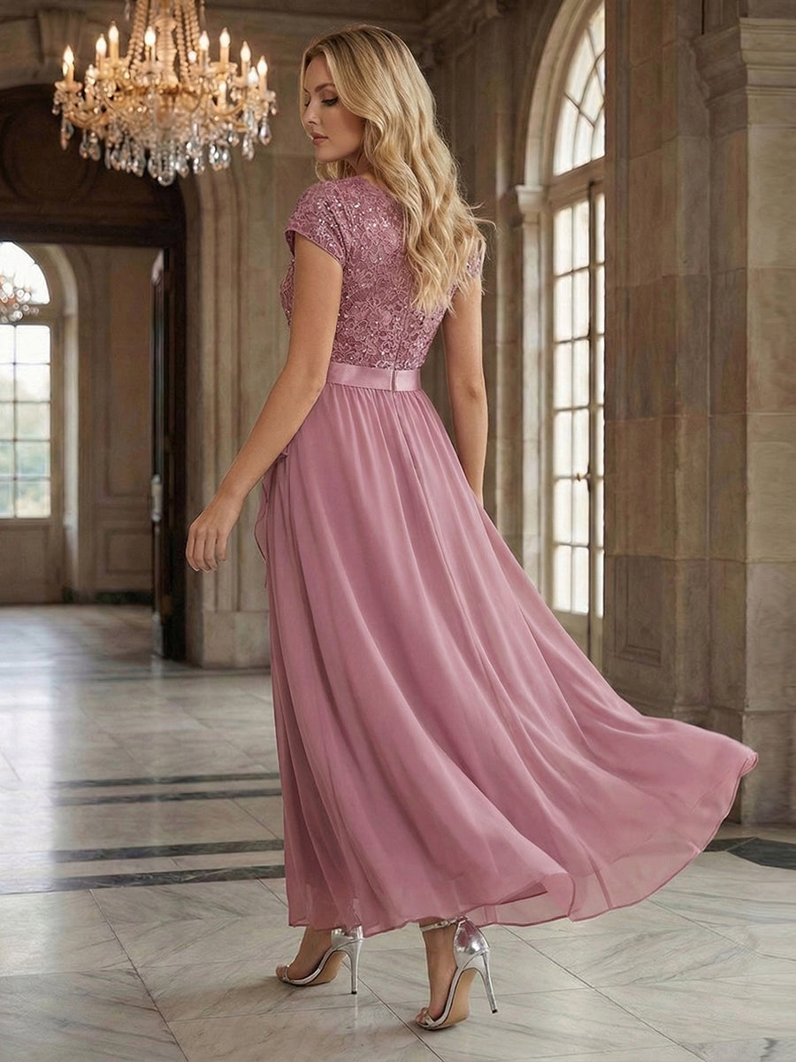 Color=Orchid | Wholesale Pricing Short Sleeve Deep V-Neck Ruffled Asymmetrical High-Low Evening Dresses-Orchid 8