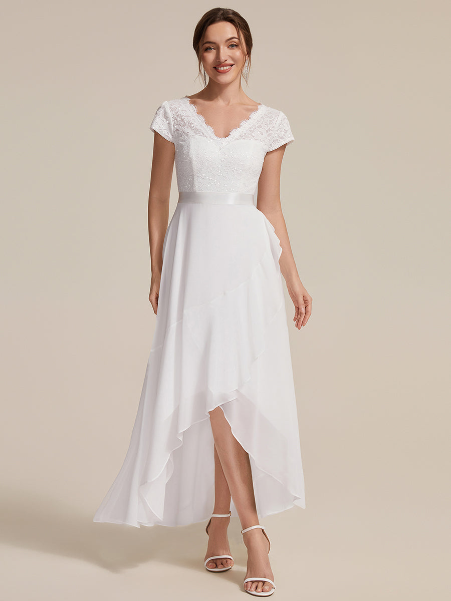 Color=White | Wholesale Pricing Short Sleeve Deep V-Neck Ruffled Asymmetrical High-Low Evening Dresses-White 1