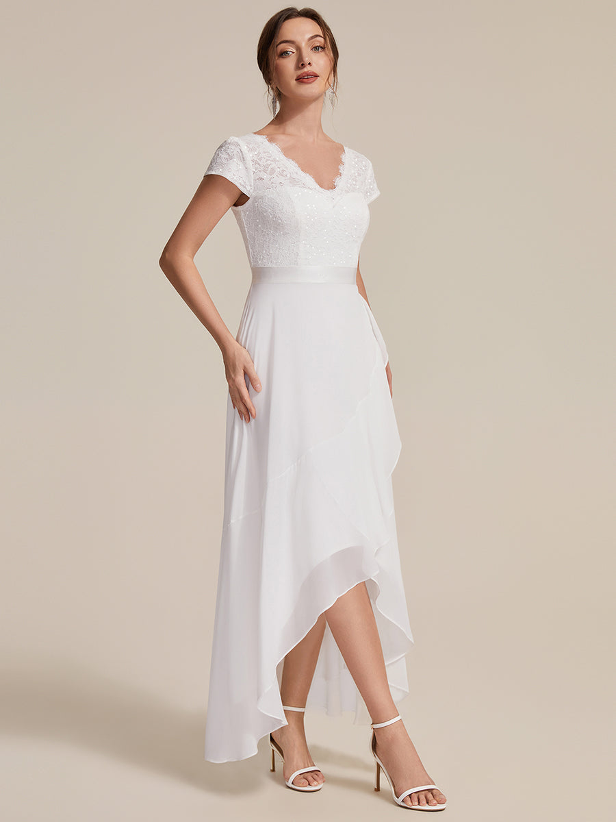 Color=White | Wholesale Pricing Short Sleeve Deep V-Neck Ruffled Asymmetrical High-Low Evening Dresses-White 3
