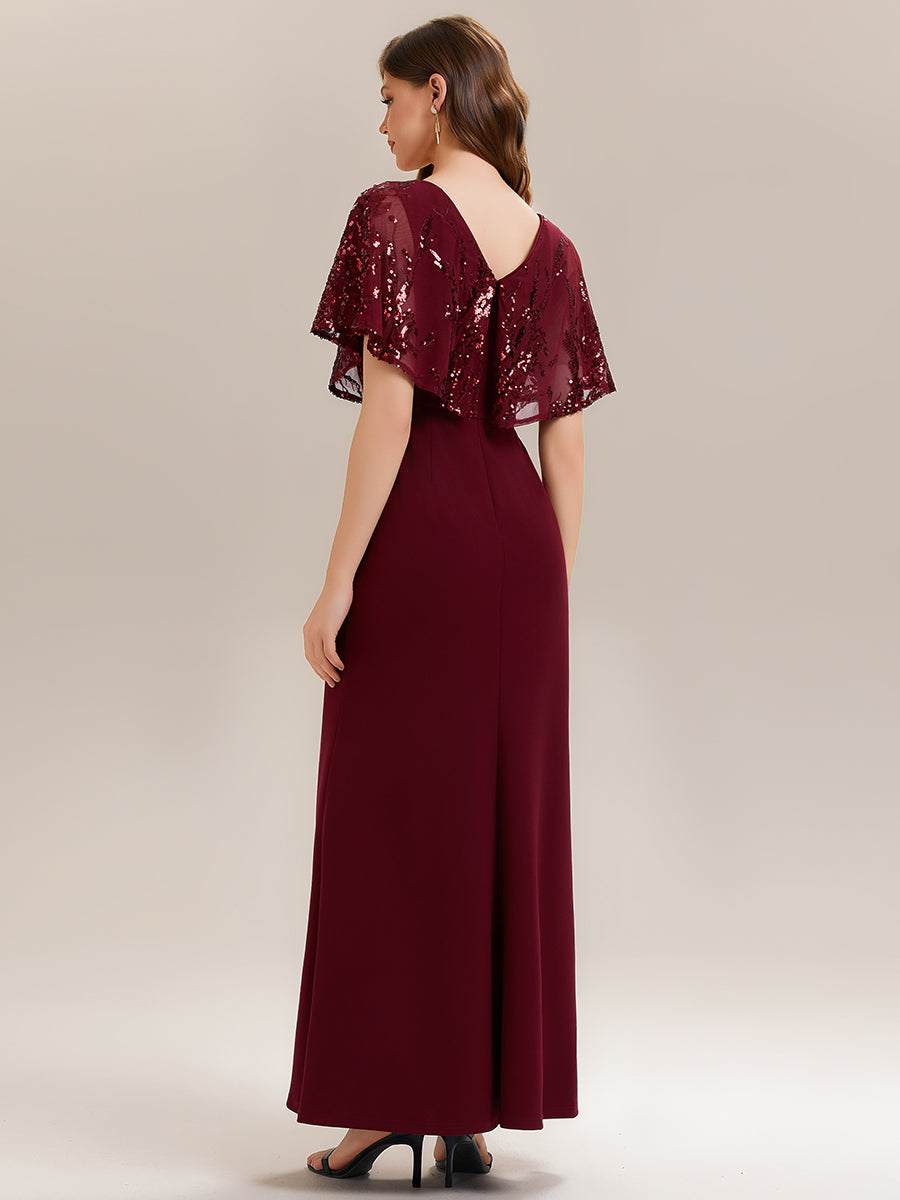 Color=Burgundy | Bulk Order Short Sleeve Sequin Fishtail V-Neck Floor Length Evening Dresses-Burgundy 2