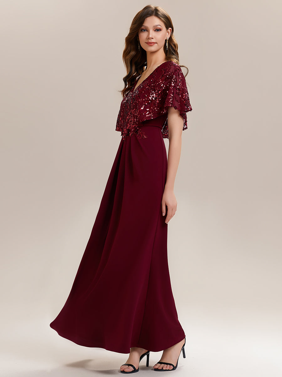 Color=Burgundy | Bulk Order Short Sleeve Sequin Fishtail V-Neck Floor Length Evening Dresses-Burgundy 4