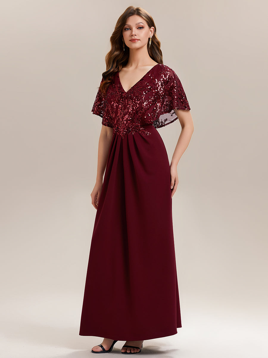Color=Burgundy | Bulk Order Short Sleeve Sequin Fishtail V-Neck Floor Length Evening Dresses-Burgundy 5