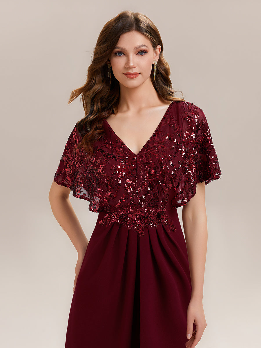 Color=Burgundy | Bulk Order Short Sleeve Sequin Fishtail V-Neck Floor Length Evening Dresses-Burgundy 3