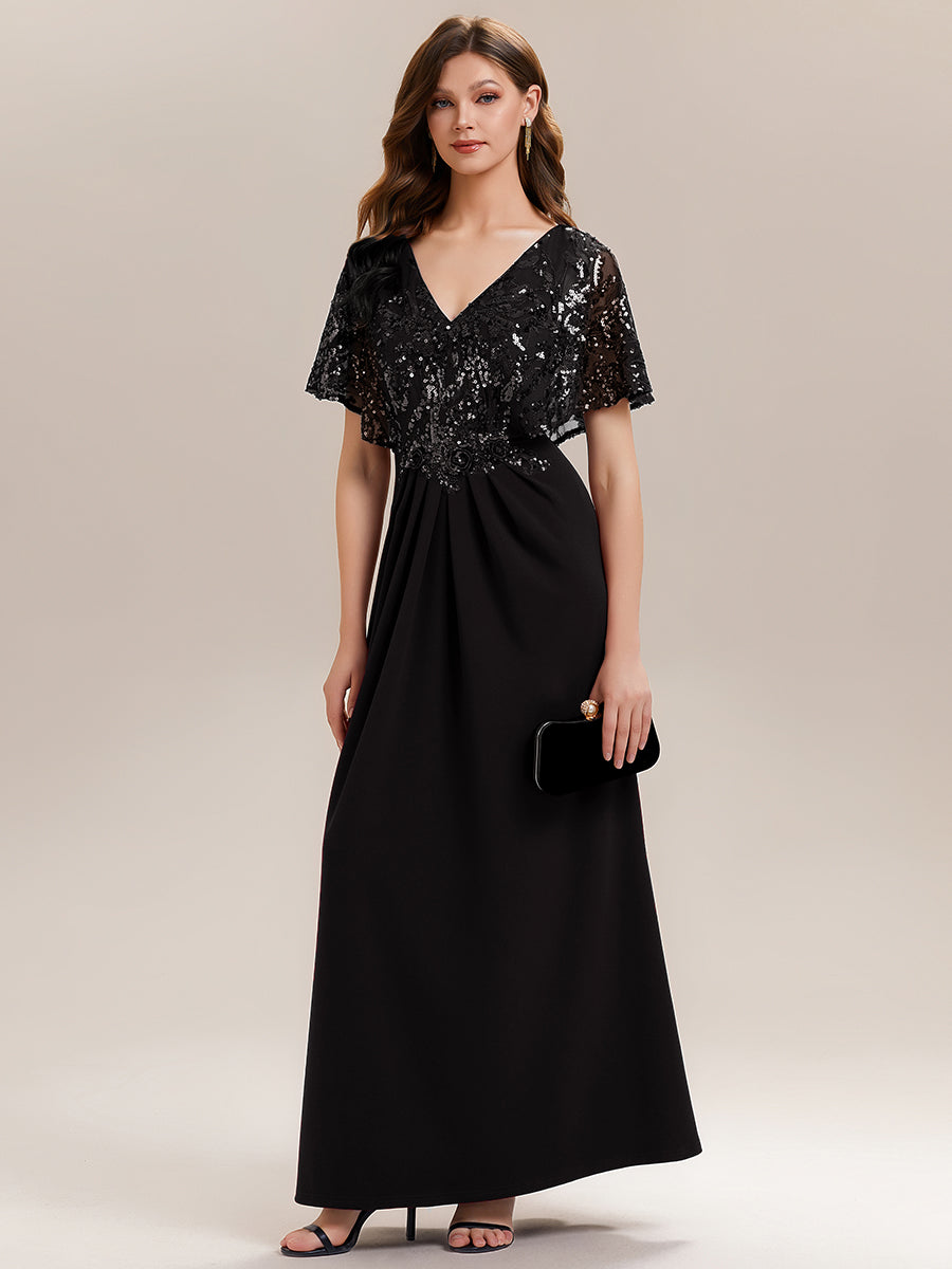 Color=Black | Bulk Order Short Sleeve Sequin Fishtail V-Neck Floor Length Evening Dresses-Black 11