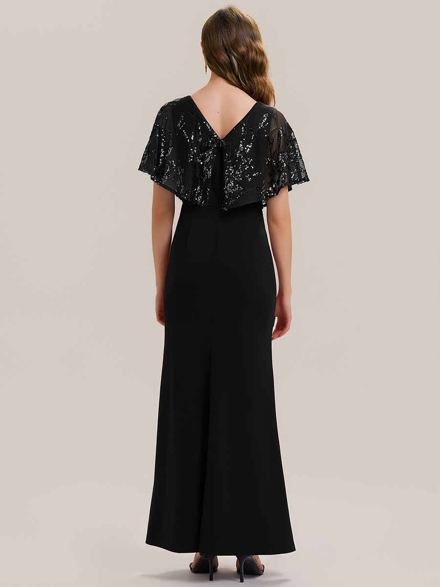 Color=Black | Bulk Order Short Sleeve Sequin Fishtail V-Neck Floor Length Evening Dresses-Black 11