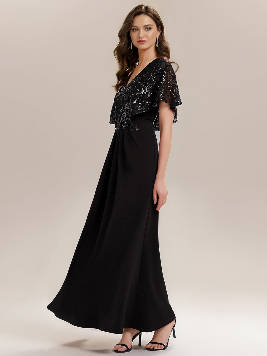 Color=Black | Bulk Order Short Sleeve Sequin Fishtail V-Neck Floor Length Evening Dresses-Black 12