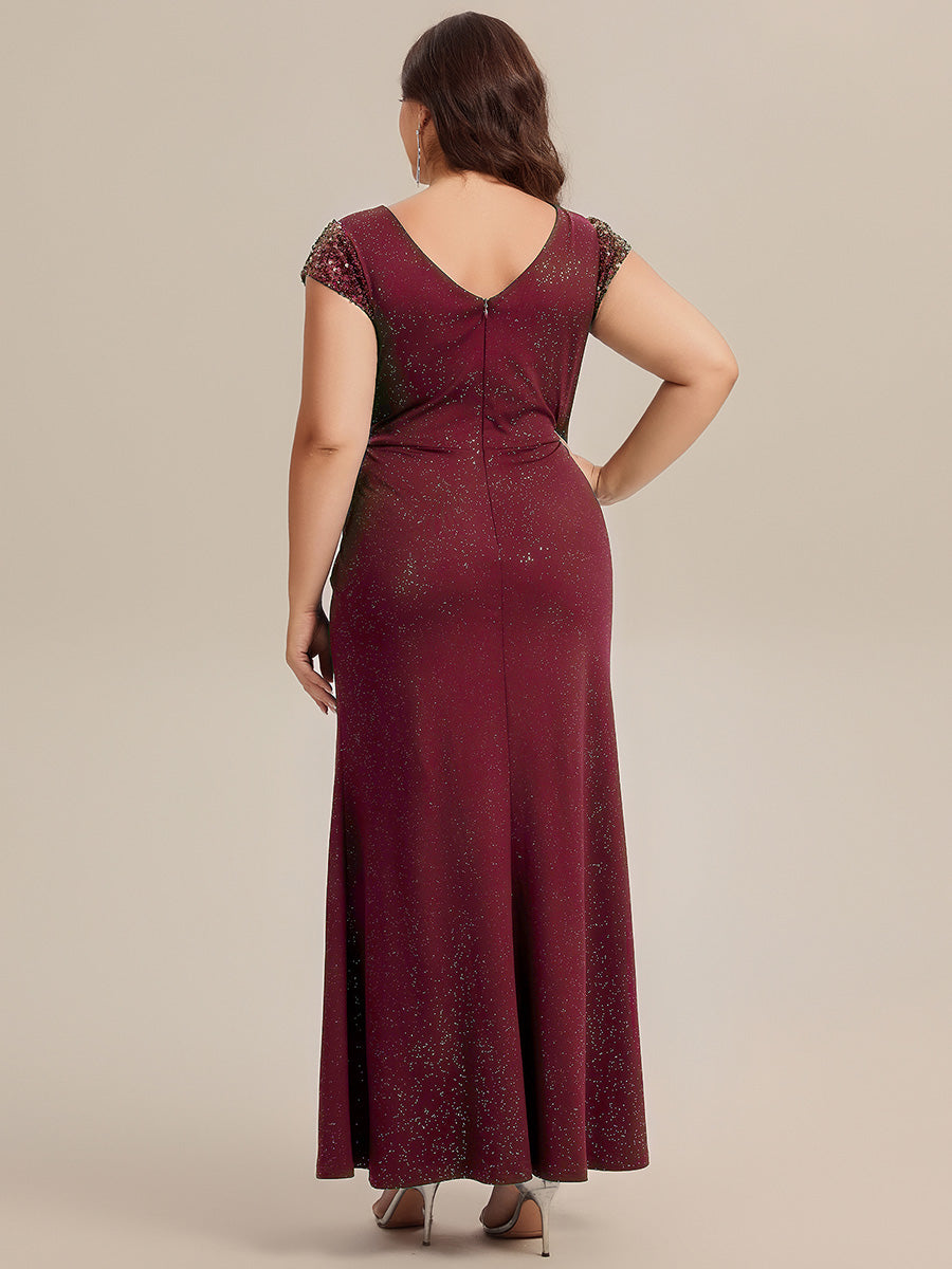 Color=Burgundy | Commercial Wholesale Short Sleeve V-Neck Bodycon Maxi Dress with Sequin Details Evening Dresses-Burgundy 7