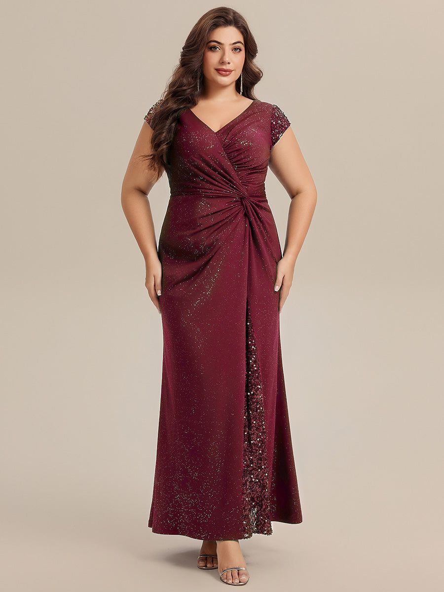 Color=Burgundy | One Stop Shop Short Sleeve Knotted Deep V-Neck Bodycon Floor Length Evening Dresses-Burgundy 10